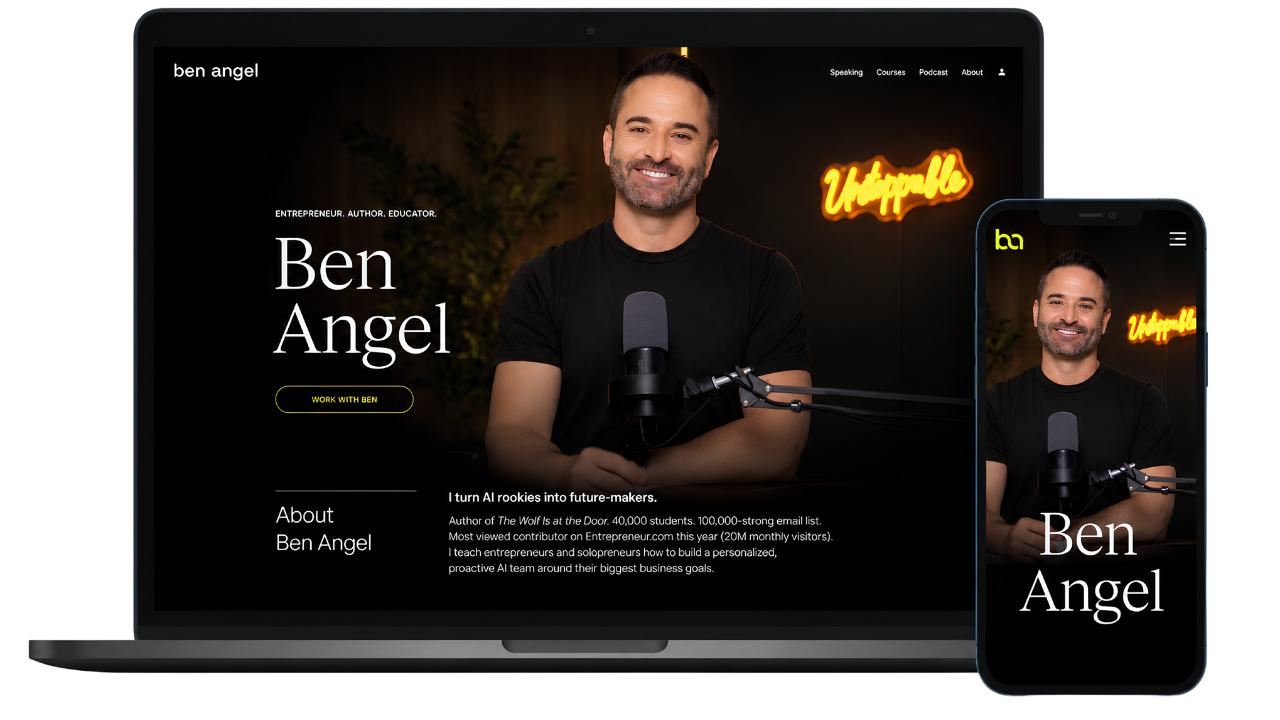 Ben Angel, your course instructor, pictured at his studio microphone in a laptop and phone website mockup.